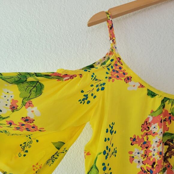 Plenty by Tracy Reese Yellow Floral Adjustable Cold Shoulder Top Size XS EUC - Picture 2 of 5